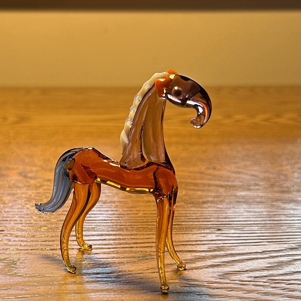 Vintage Glass Horse Figurine Amber White Mane Hand Blown Mid Century 1970s